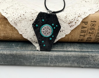Gothic Coffin Necklace- Polymer Clay Necklace-Silver compass necklace