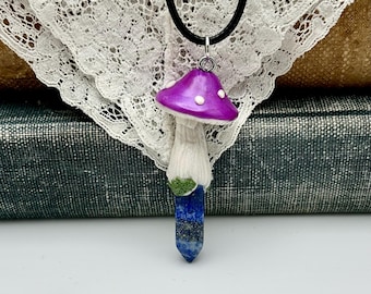 Lapis Lazuli Crystal Pendant with Hand Sculpted Mushroom
