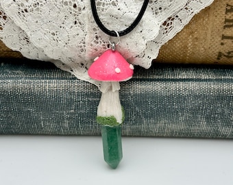 Green Aventurine Crystal Pendant with Hand Sculpted Mushroom