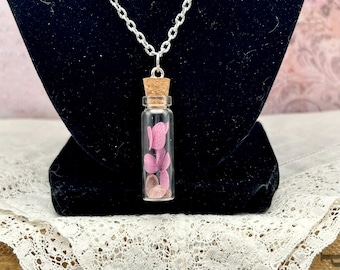 Glass bottle pendant- Tiny glass vial necklace with dried flowers and crystals