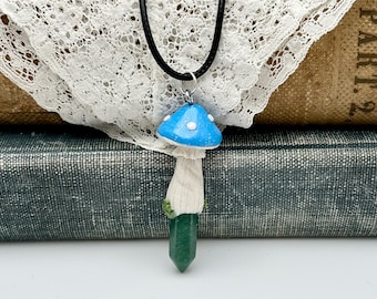 Green Aventurine Crystal Pendant with Hand Sculpted Mushroom