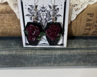 Coffin Earrings- dangle earrings with roses