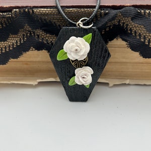 Gothic Coffin Necklace- Polymer Clay Necklace-Heart and Roses Necklace