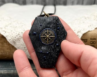 Gothic Coffin Necklace- Polymer Clay Necklace-Antique brass compass necklace