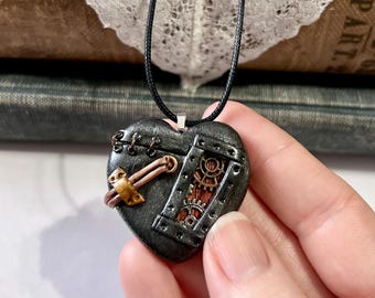 Steampunk Heart Pendant – Handmade Polymer Clay Necklace with Gears, Rivets & Textured Wood Detail