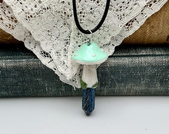 Lapis Lazuli Crystal Pendant with Hand Sculpted Mushroom