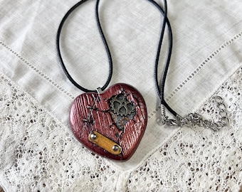 Steampunk Heart Pendant – Handmade Polymer Clay Necklace with Gears, Rivets & Textured Wood Detail