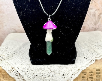 Green Aventurine Crystal Pendant with Hand Sculpted Mushroom
