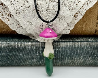 Green Aventurine Crystal Pendant with Hand Sculpted Mushroom