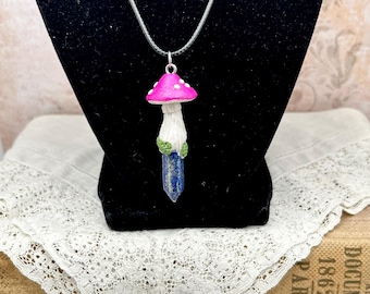 Lapis Lazuli Crystal Pendant with Hand Sculpted Mushroom