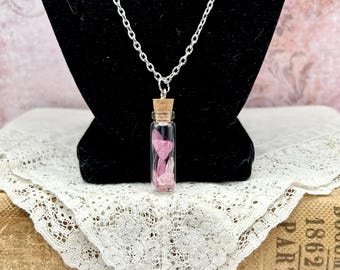 Glass bottle pendant- Tiny glass vial necklace with dried flowers and crystals