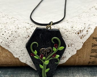 Gothic Coffin Necklace: Polymer Clay & Antique Brass Heart