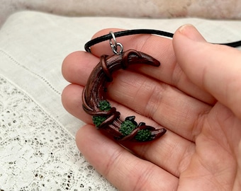Crescent Moon Pendant: Polymer Clay & Onyx Crystal Necklace