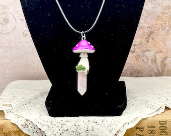 Rose Quartz Crystal Pendant with Hand Sculpted Mushroom