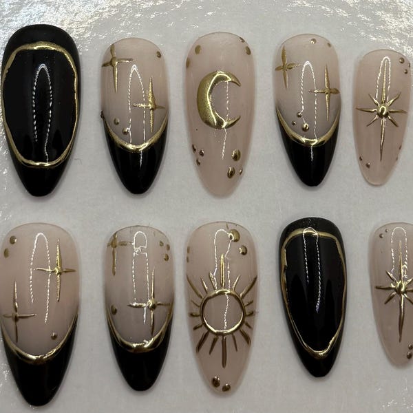 Celestial Glam Press-On Nails - Golden Moon & Stars Design