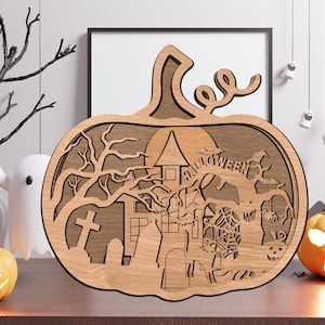 3D Halloween Night Svg Laser Cut, Halloween Pumpkin Svg, Scary Trees, Graveyard, Old Castle, Glowforge, Halloween Decor, Ghost Pumpkin Boo