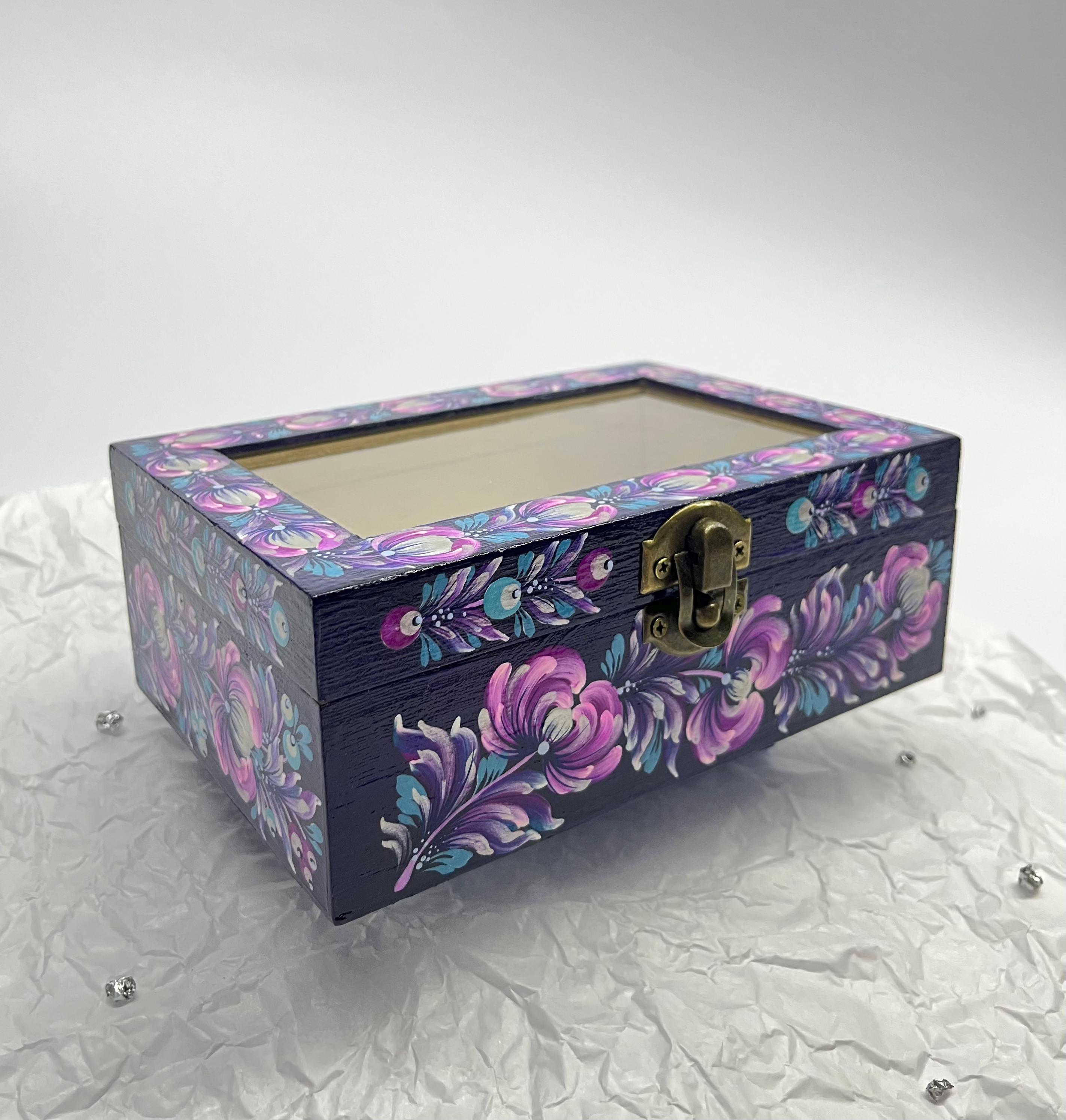 ガラス蓋付き手描き木製ジュエリーボックス – Petrykivka Art – 鍵付き