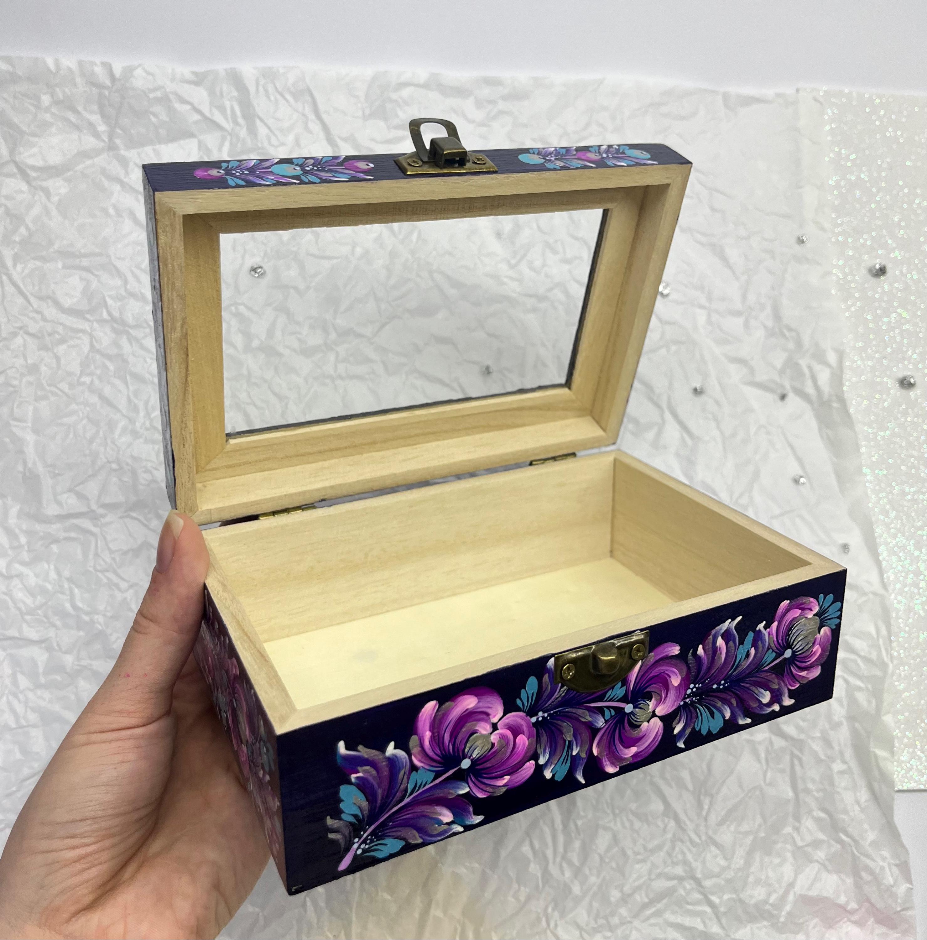 ガラス蓋付き手描き木製ジュエリーボックス – Petrykivka Art – 鍵付き