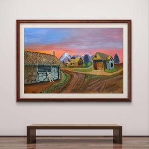 Original Acrylic Landscape – Charming Old Village with Mountains, Trees & Earthy Tones