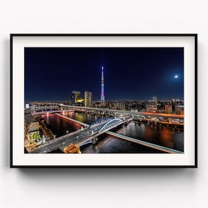 Tokyo Skytree Print | Japan Night Cityscape Wall Art | Sumida River Light Trails | Modern Tokyo Photography | Urban Landmark