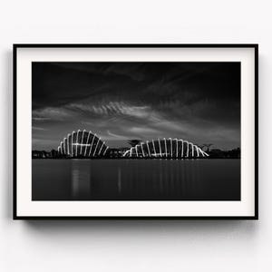 Peut inclure: Photographie encadrée en noir et blanc de structures architecturales illuminées au-dessus de l'eau. Les structures ont un design incurvé et nervuré, avec des lumières qui soulignent leurs formes. Le ciel est strié de nuages et l'eau reflète les lumières.