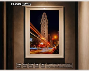Flatiron Building Print, New York City Night Photography, Manhattan Light Trails Wall Art