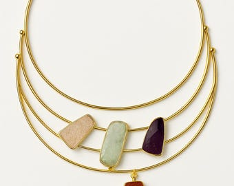 Gold-Plated Multistone Collar Necklace: Geometric Semi-Precious Stone Statement Jewelry