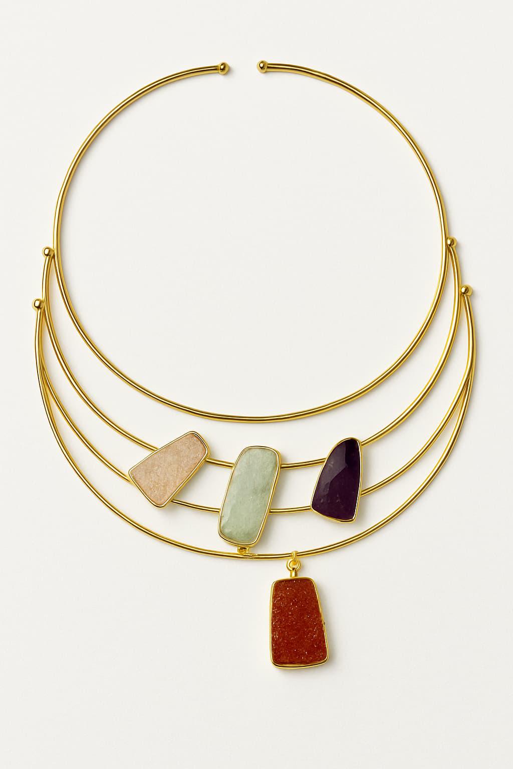 ゴールドメッキのマルチストーンカラーネックレス：幾何学模様の半貴石