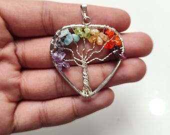 Tree of Life Heart Pendant: Chakra Healing Gemstone Wire Wrapped Necklace