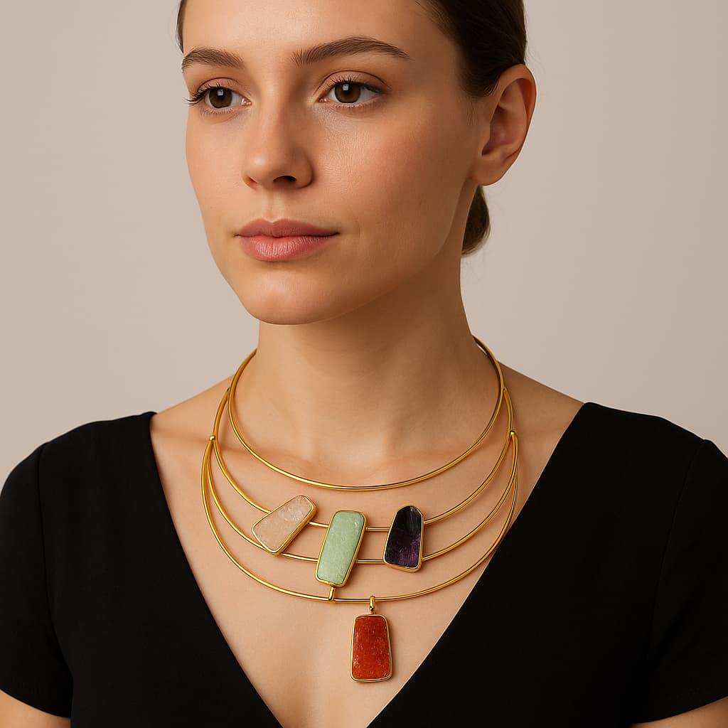 ゴールドメッキのマルチストーンカラーネックレス：幾何学模様の半貴石