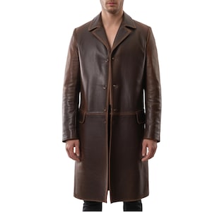 Men’s Long Brown Cowhide Leather Trench Coat – Handmade Winter Overcoat – Vintage Style Genuine Leather Jacket