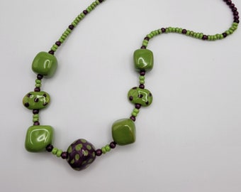 Kazuri Bead Necklace in Green and Purple