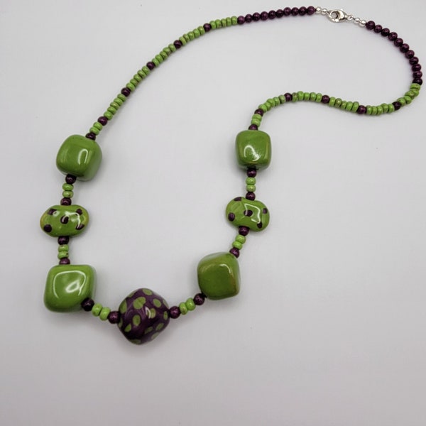 Kazuri Bead Necklace in Green and Purple