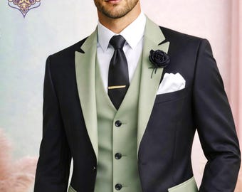 Mens Black Sage Green Tuxedo Suit, Wedding Prom Formal Suit, Groom Party Tux