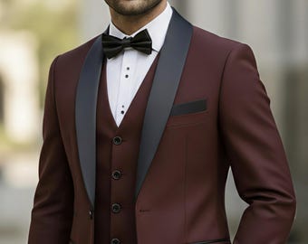 Men's Burgundy 3-Piece Slim Fit Suit – Elegant Wedding Tuxedo for Groom Prom