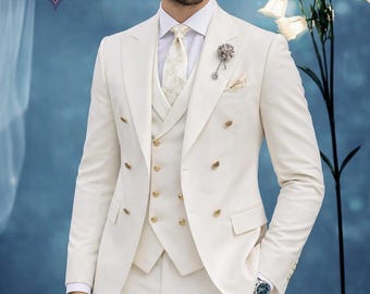 Ivory Double Breasted Suit: 3-Piece Tuxedo for Groom, Formal Party Wear