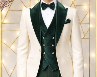Ivory Tuxedo Suit Emerald Green Velvet Vest, Men's Wedding Formal Blazer Set