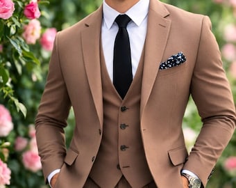 Men's Brown Slim Fit 3 Piece Suit, Wedding Formal Business Tuxedo