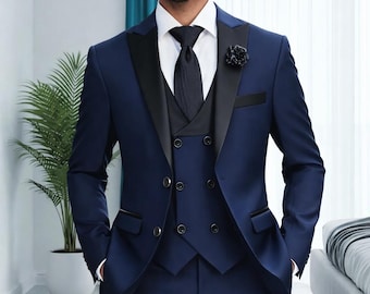 Men's Navy Blue Tuxedo Suit with Black Lapel | 3 Piece Slim Fit Wedding Suit