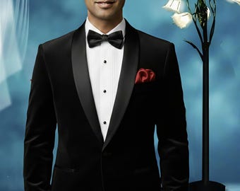 Black Velvet Tuxedo Suit, Slim Fit Peak Lapel Formal Blazer