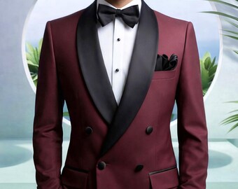 Men’s Maroon Double Breasted Tuxedo Suit | Black Shawl Lapel | Slim Fit Wedding Groom Suit.