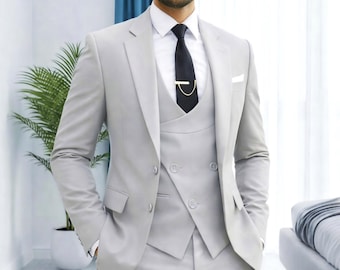 Men’s Light Grey 3 Piece Suit, Wedding Groom Suit, Slim Fit Formal Set.
