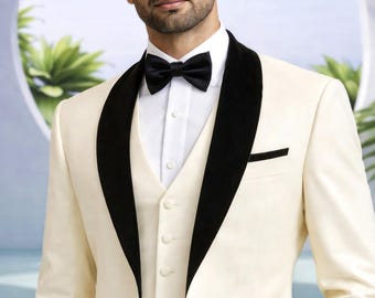 Men's Ivory Tuxedo Suit, Cream 3-Piece Prom Formal Wedding Groom Wear