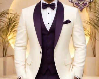 Ivory & Dark Purple Men's Wedding Suit, Groom Tuxedo, Prom Party Wear Suit.
