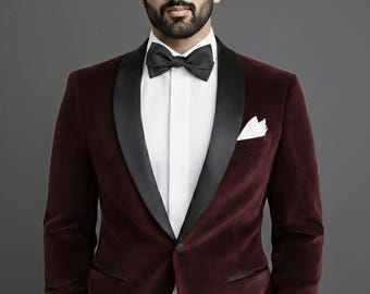 Maroon Velvet Tuxedo for Men – Shawl Lapel, Tailored Fit, Wedding Suit