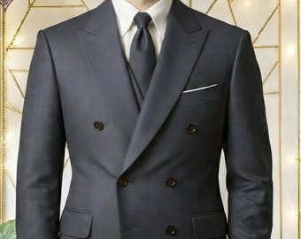 Men's Charcoal Gray Double-Breasted Suit – Slim Fit Formal Tuxedo for Weddings