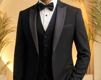 Black 3 Piece Tuxedo Suit for Men, Wedding Groom Suit.
