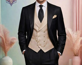Men's Black Three-Piece Suit with Beige Waistcoat, Slim Fit Formal Wedding Tuxedo