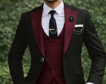 Maroon & Black 3-Piece Suit - Slim Fit Tuxedo, Weddings