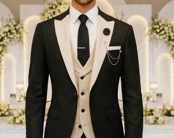 Men's Black Tuxedo Suit, Ivory Shawl Lapel, 3-Piece Formal Wedding Groom Prom Blazer